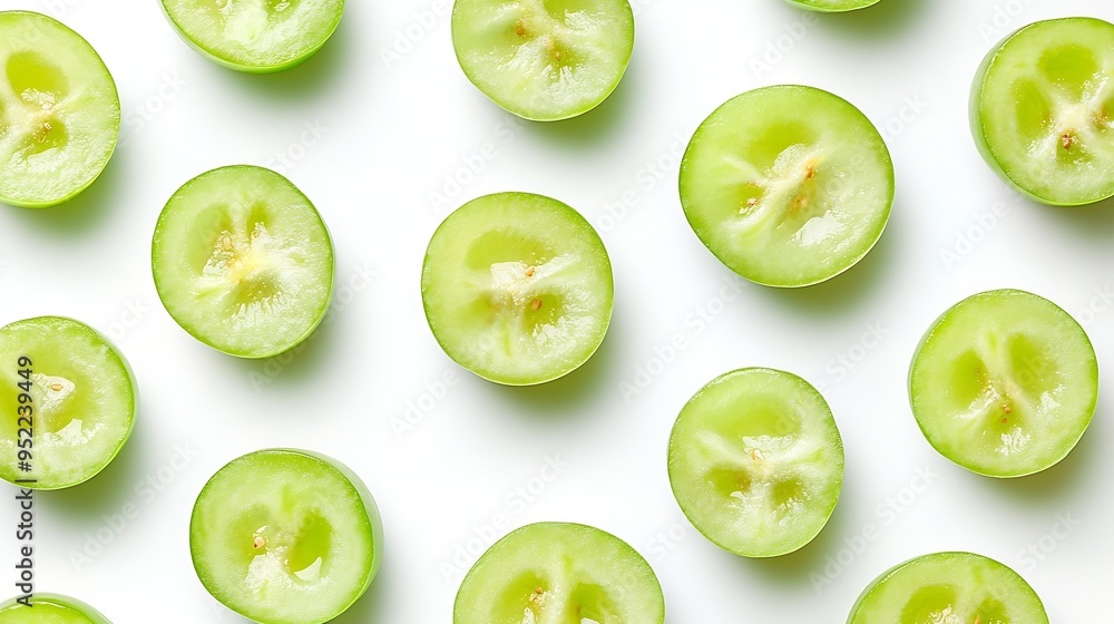 Poster Green grapes and half sliced isolated on white background Top view Flat lay Grape pattern texture background : Generative AI