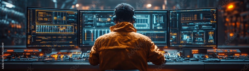 Poster engineer monitoring industrial operations on multiple screens in a control room, showcasing technolo