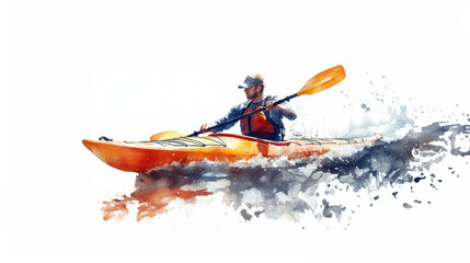 Fototapeta premium Watercolor painting of a man kayaking in water
