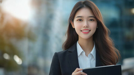 Close-up of a young Asian woman in a social worker's outfit, holding a folder with a compassionate smile, symbolizing her dedication to helping others.