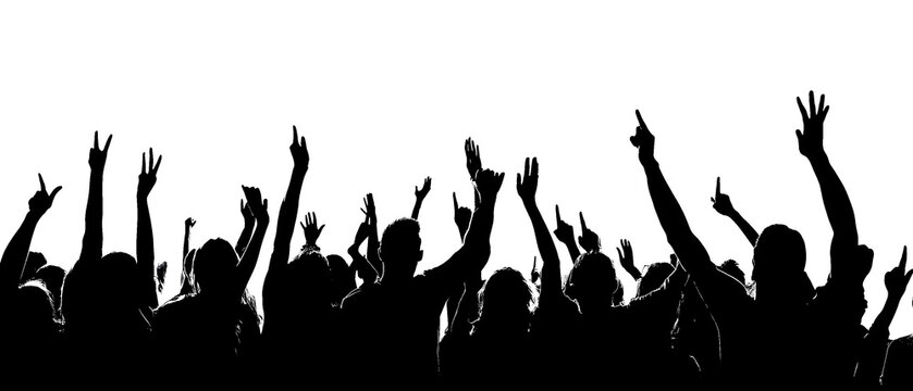 A transparent background image featuring a lively concert crowd with raised hands, capturing the energy and excitement of a live music event. png transparent background