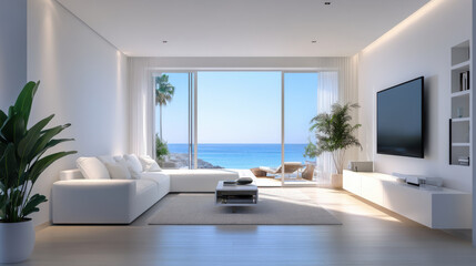 Fototapeta premium Modern living room interior design with white sofa opposite TV.