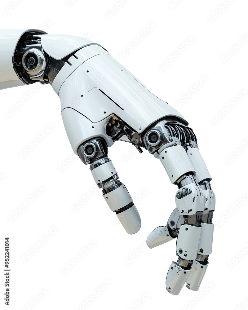 Poster a close-up of a futuristic robotic arm with a sleek white metallic design, showcasing intricate mech
