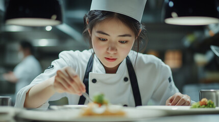 A young Asian woman in a chef's uniform, meticulously plating a dish with artistic flair, showcasing her culinary expertise.