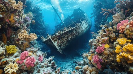 A shipwreck enveloped by colorful coral formations, creating a haunting yet beautiful underwater scene.