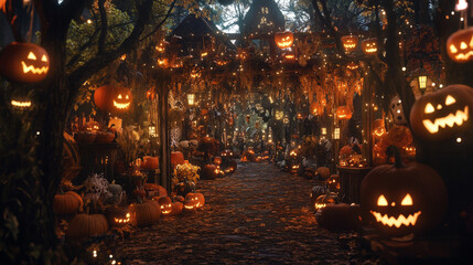 Halloween Marketplace with Eerie Decorations and Flickering Lights
