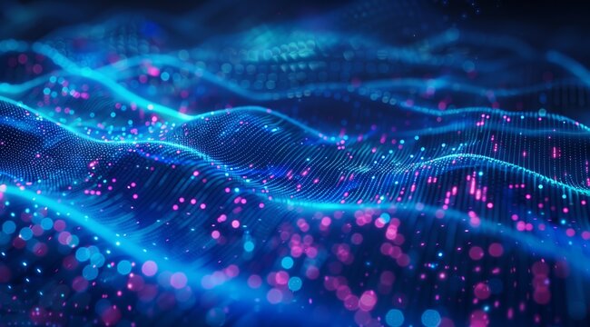 Blue abstract technology data wavy lines in holographic style