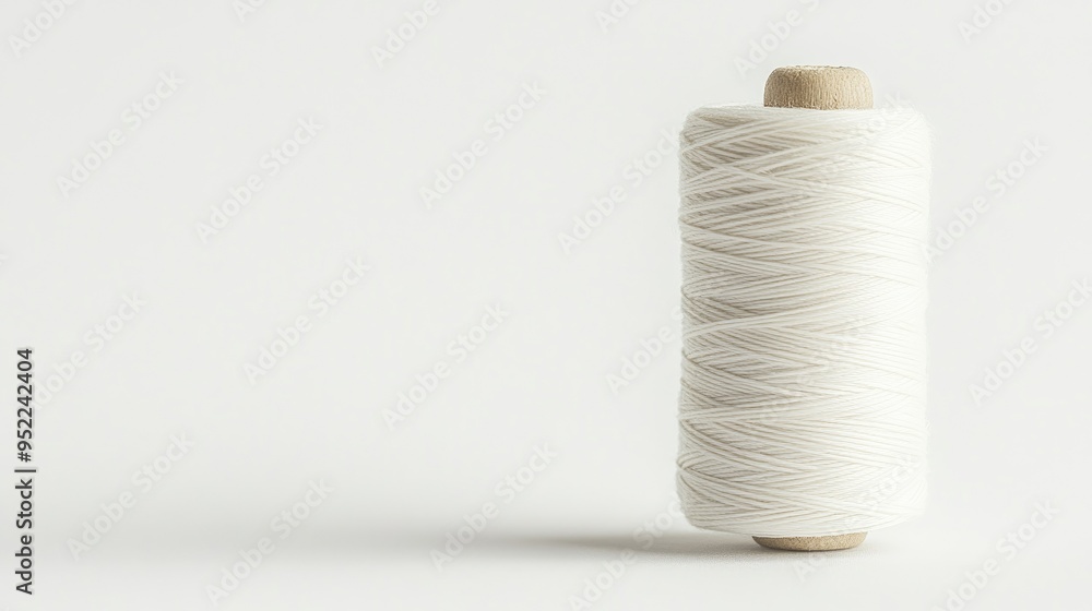 Poster a simple white bobbin with thread, placed against a matching white background, highlighting the text