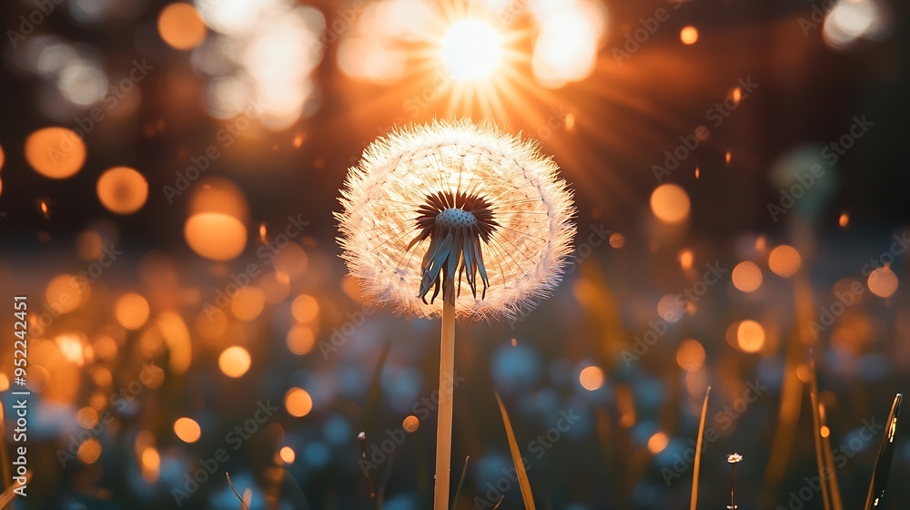Aufkleber Big white dandelion in a forest at sunset Macro image shallow depth of field Abstract summer nature background : Generative AI