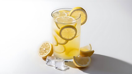 Lemonade with lemon slices and ice on white background 2