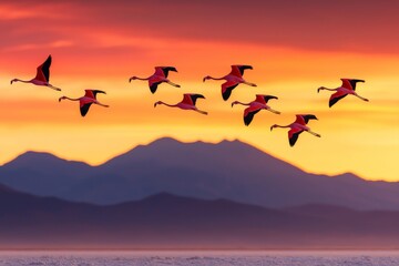 Obraz premium A stunning silhouette of flamingos flying against a vibrant sunset backdrop with mountains in the distance, perfect for nature lovers.