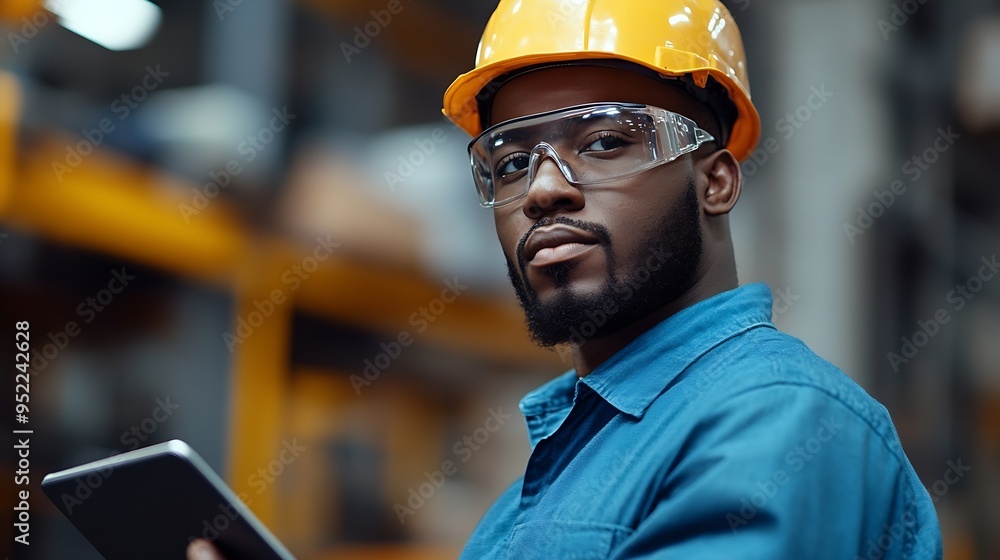 Poster Expert African Americans are skilled in factory maintenance engineers Mechanical engineering using a tablet to discuss the factorys black background mechanical work : Generative AI