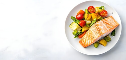 Delicious salmon fillet served with colorful roasted vegetables on a white plate, perfect for healthy dining.