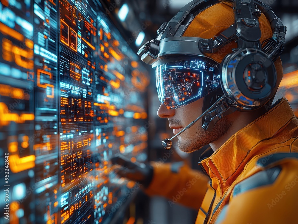 Aufkleber futuristic engineer working with advanced technology interface, wearing vr headset and helmet in a h