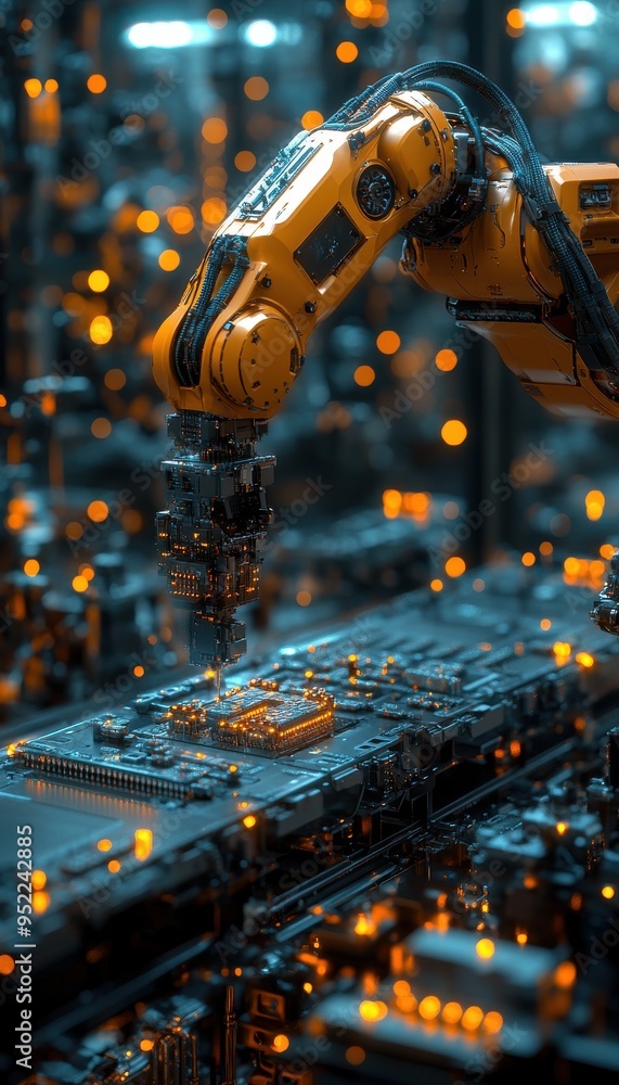 Poster industrial robotic arm assembling electronics with precision in a futuristic factory setting illumin