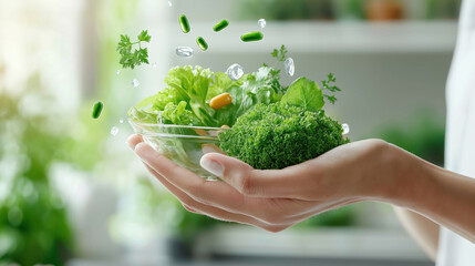 Close-up of a hand holding a glass bowl full of fresh greens with floating capsules and water drops on top. Bright light colored background emphasizes the freshness and vitality of the vegetables.