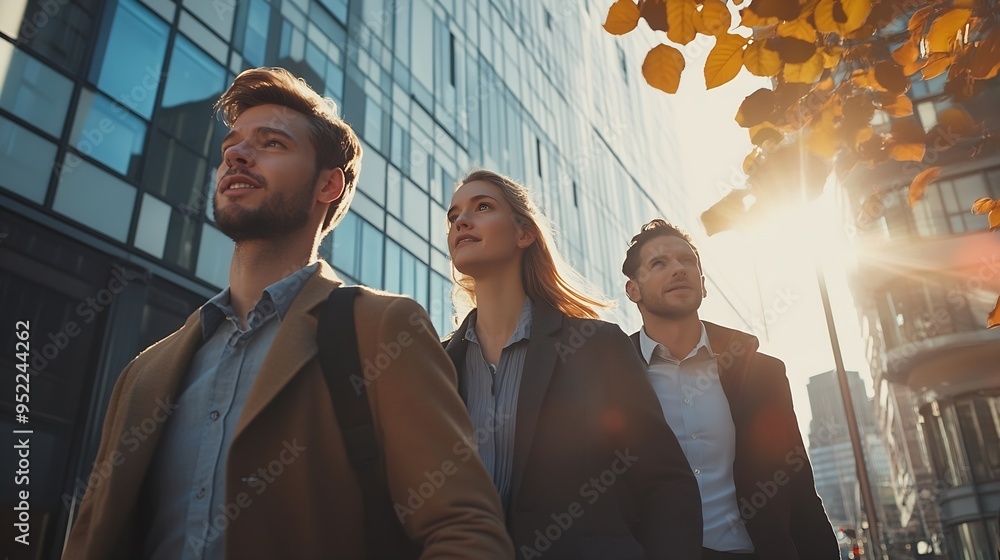 Poster group of business people walking outside in front of office buildings successful colleagues talking 