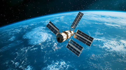 Obraz premium 宇宙から見た地球と人工衛星