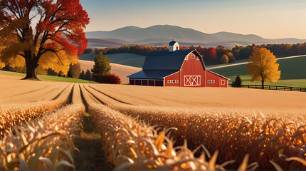 scenic farm field classic red barn backdrop rolling hills fall colors