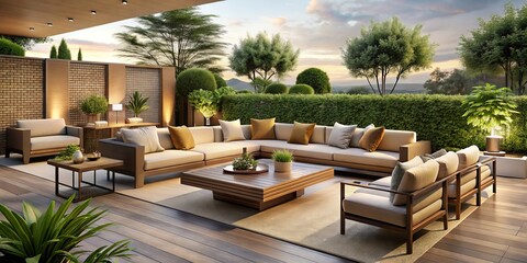 Fototapeta premium Lush greenery and urban vistas frame elegant outdoor spaces, blending luxury, accessibility, and warmth with golden light and muted earth tones.
