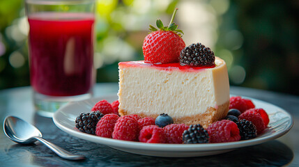 Delicious New York-Style Cheesecake with Fresh Berries and Juice
