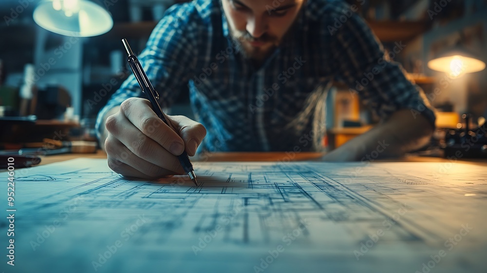 Poster Architecture Man drawing on architectural Creative project business architecture building construction Industrial engineering Achievement Planning Design on eco blueprint : Generative AI