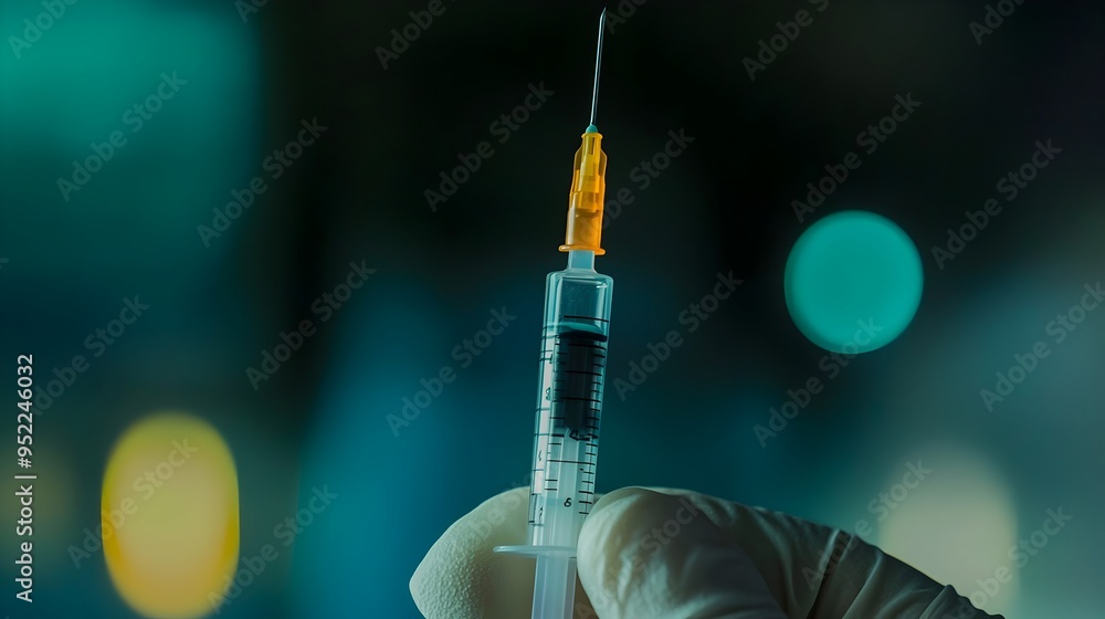 Poster Close up view of a syringe filled with transparent liquid medication held by a gloved hand against a blurred background providing ample copy space for text or design overlay