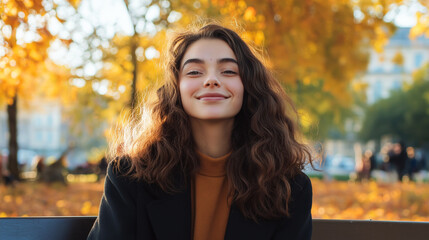 Naklejka premium A young woman sitting on a bench in a peaceful park, with autumn leaves surrounding her, smiling warmly as she gazes into the distance, embodying hope and determination.