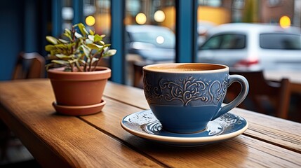 Fototapeta premium Coffee in grey cup on wooden table in cafe
