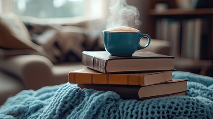A stack of books with a steaming cup of coffee on top, creating a cozy reading scene.