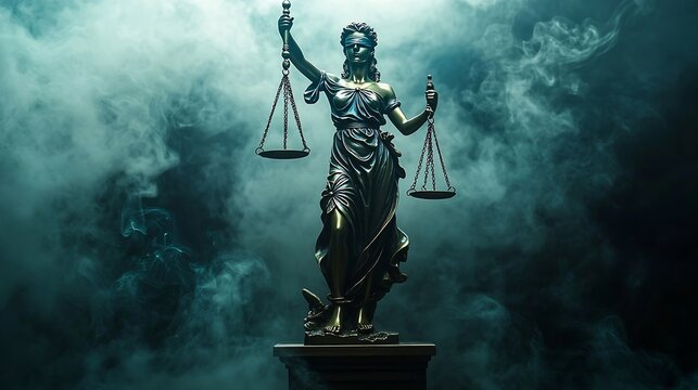 Themis statue Justice with scales on dark background with smoke Legal and law concept : Generative AI