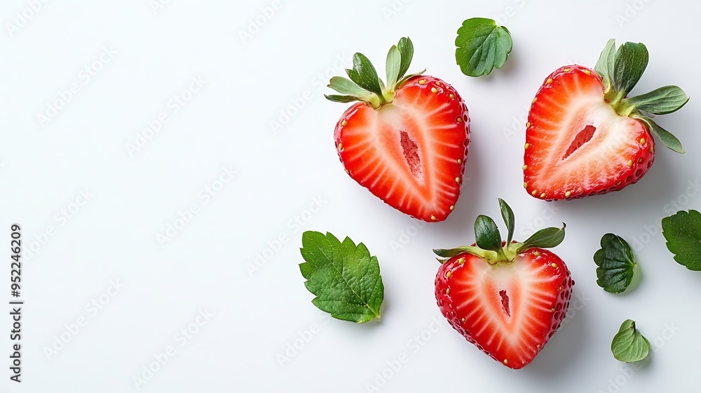 Poster fresh red strawberries with half slice isolated on white background top view flat lay : generative a
