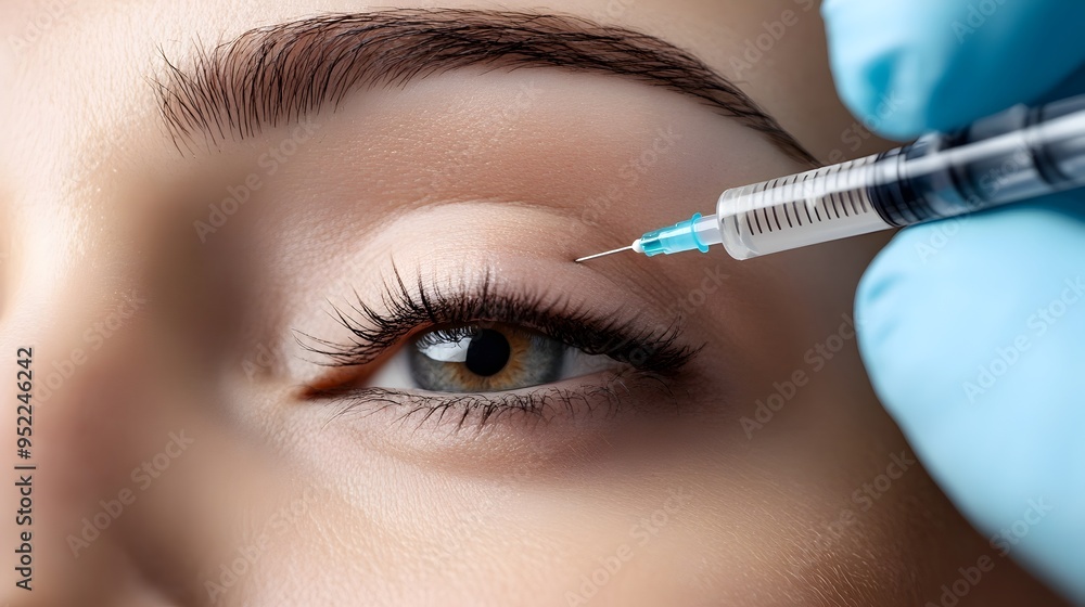 Aufkleber closeup of a patient receiving a precise botox injection around the eyes highlighting the delicate n