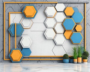 Modern hexagonal wall design featuring vibrant colors and geometric shapes, enhancing interior aesthetics and creativity.