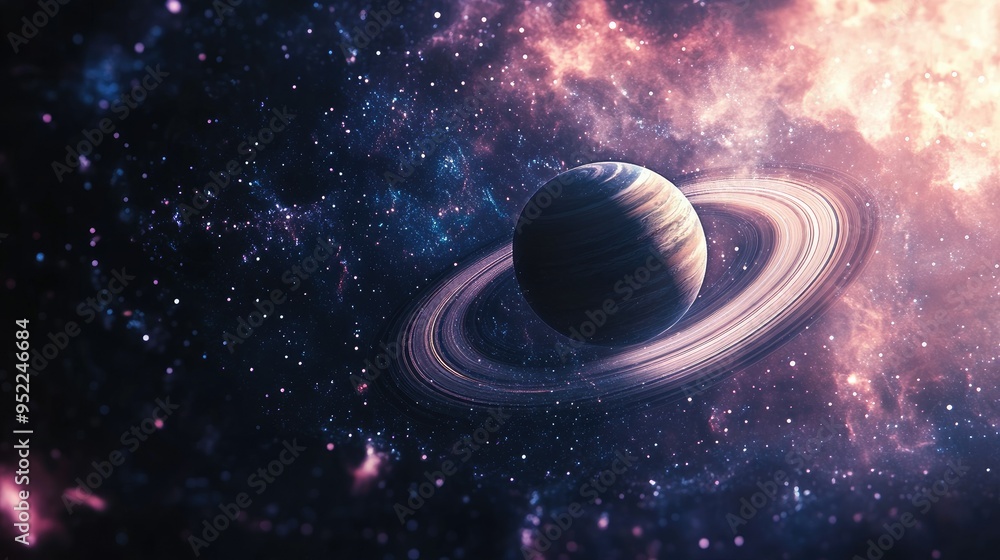 Poster a stunning visualization of a ringed planet with multiple rings, floating in the vastness of space.
