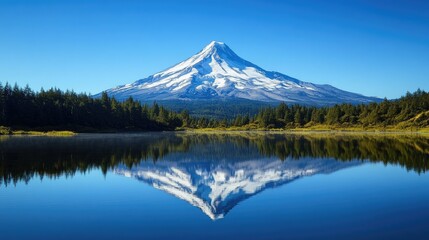 A stunning snow-capped mountain reflected in a glassy lake, framed by clear blue skies.