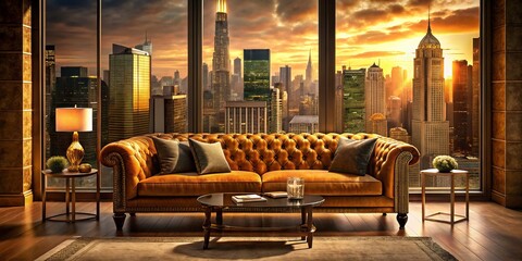 Luxe velvety sofa amidst Chicago skyscrapers, refined wood, and warm amber lighting; opulent...