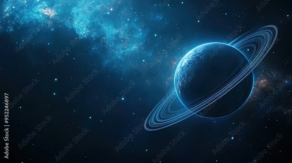 Poster a stunning visualization of a ringed planet with multiple rings, floating in the vastness of space.
