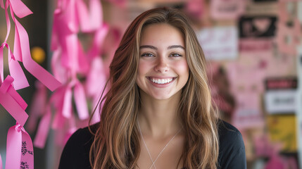 Fototapeta premium A young woman surrounded by pink ribbons and supportive messages, smiling brightly in front of a wall filled with inspiring words, representing her fight against cancer and the sup