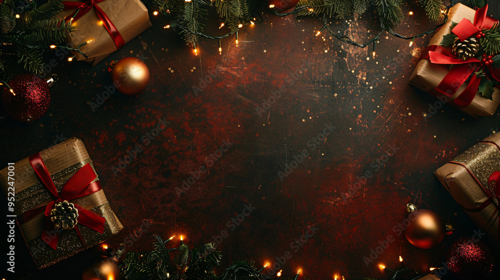 Poster dark red christmas composition with space for your greeting on a background