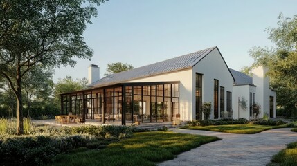 Fototapeta premium A stylish farmhouse with an open-concept design, featuring large windows and a welcoming front porch