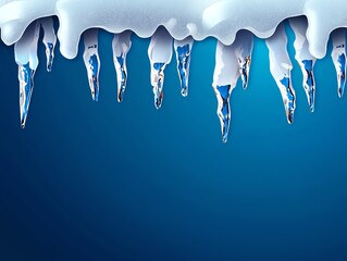 Naklejka premium Icicles hanging from a snowy edge, reflecting light against a blue background, creating a serene winter atmosphere.