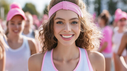 A young woman at a community walk or run for cancer awareness, smiling brightly as she participates, surrounded by other supporters and survivors.