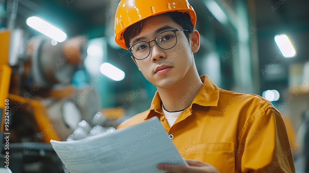 Fototapete asian male engineer in plastic industry factory looking at notes and making business plans checking 