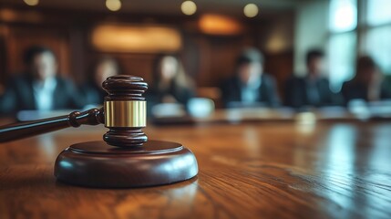 Judge gavel with Justice lawyers having team meeting at law firm in background Concepts of law : Generative AI