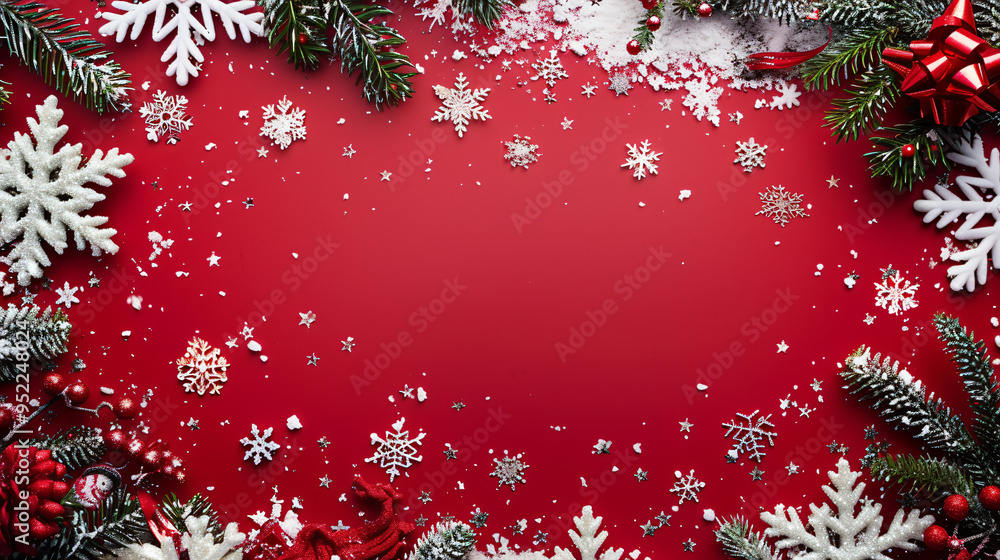 Poster festive border frame with fir branches, snowflakes and red balls on a red christmas background