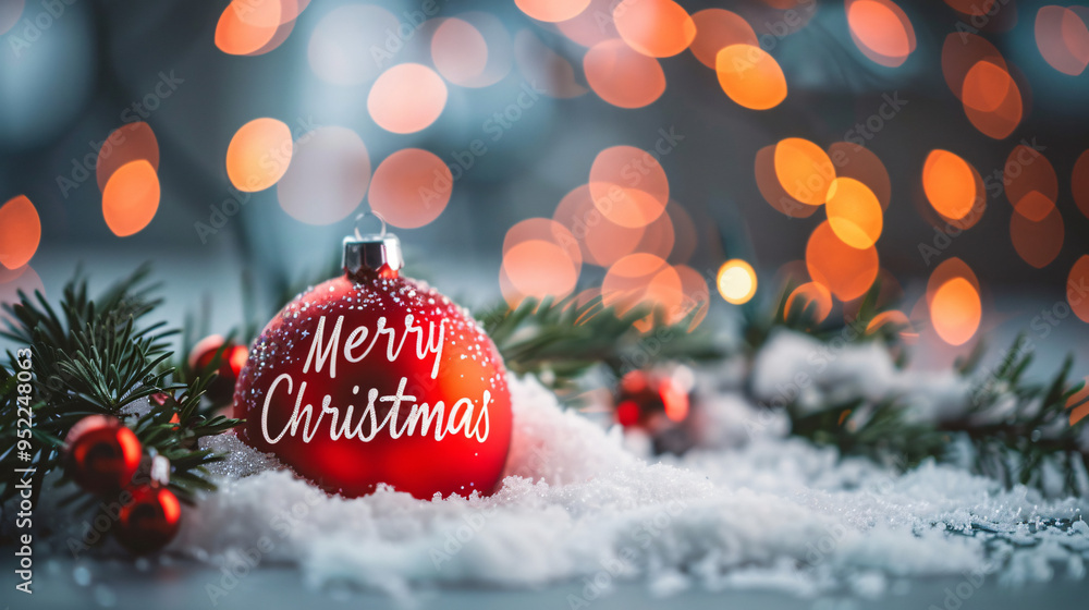 Aufkleber christmas ball with merry christmas inscription resting in snow with bokeh lights and fir branches i