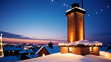 snowy rooftop christmas lights decorated chimney