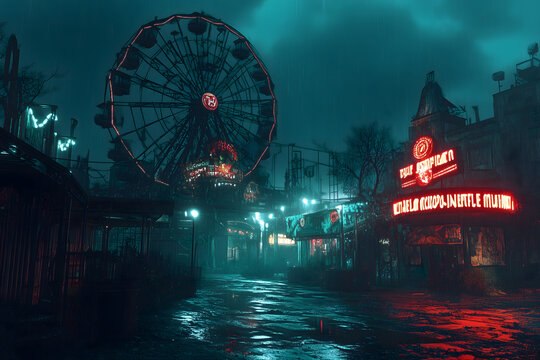 rain-soaked carnival at night. A dilapidated Ferris wheel, barely lit by flickering red neon lights, dominates the scene. The surrounding buildings, adorned with eerie signs, appear abandoned and deca