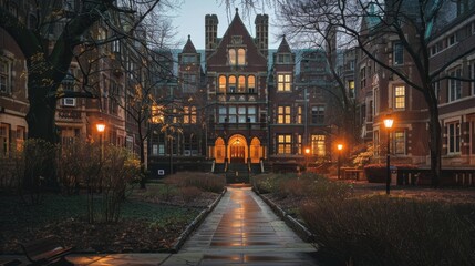 Fototapeta premium Iconic Ivy League Campus at Dusk - Elegant Architecture and Illuminated Walkways for Academic Prestige
